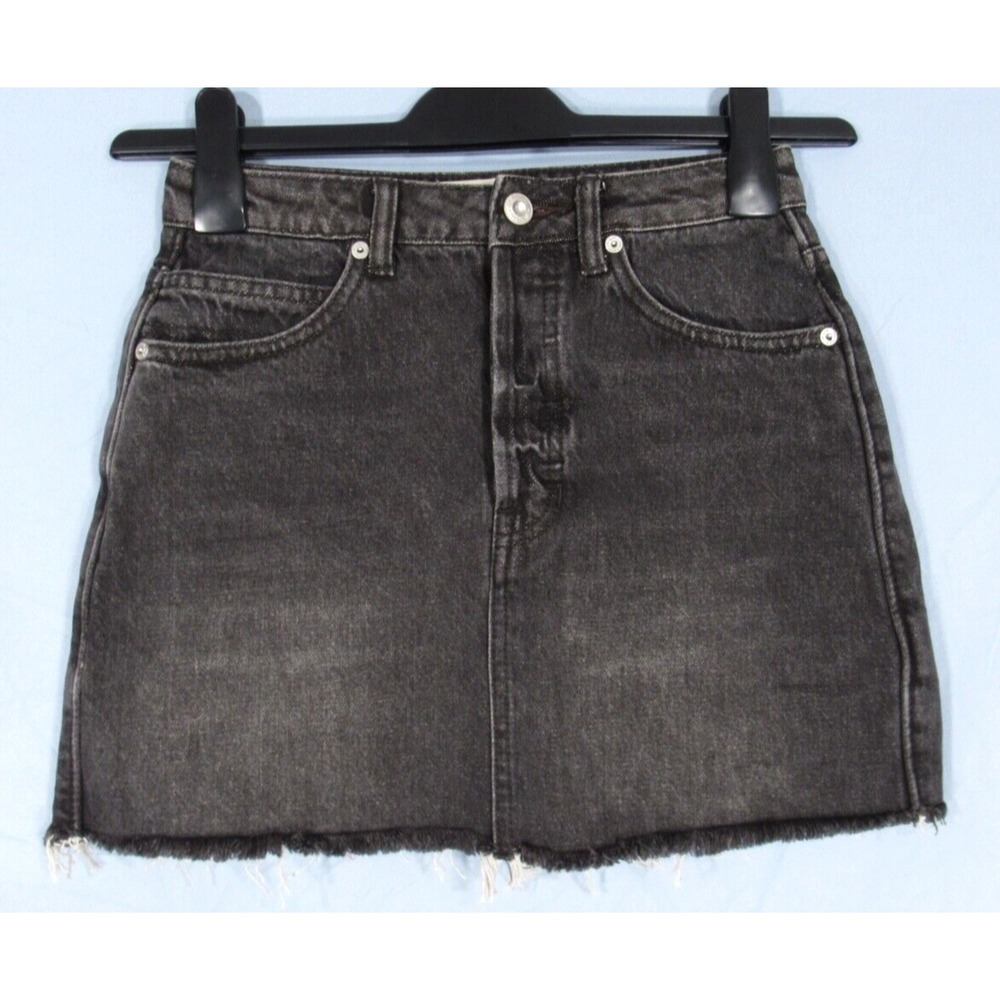 FREE PEOPLE Rugged A-Line BLACK Cotton Denim BUTTON-FLY Frayed MINI SKIRT Sz 24